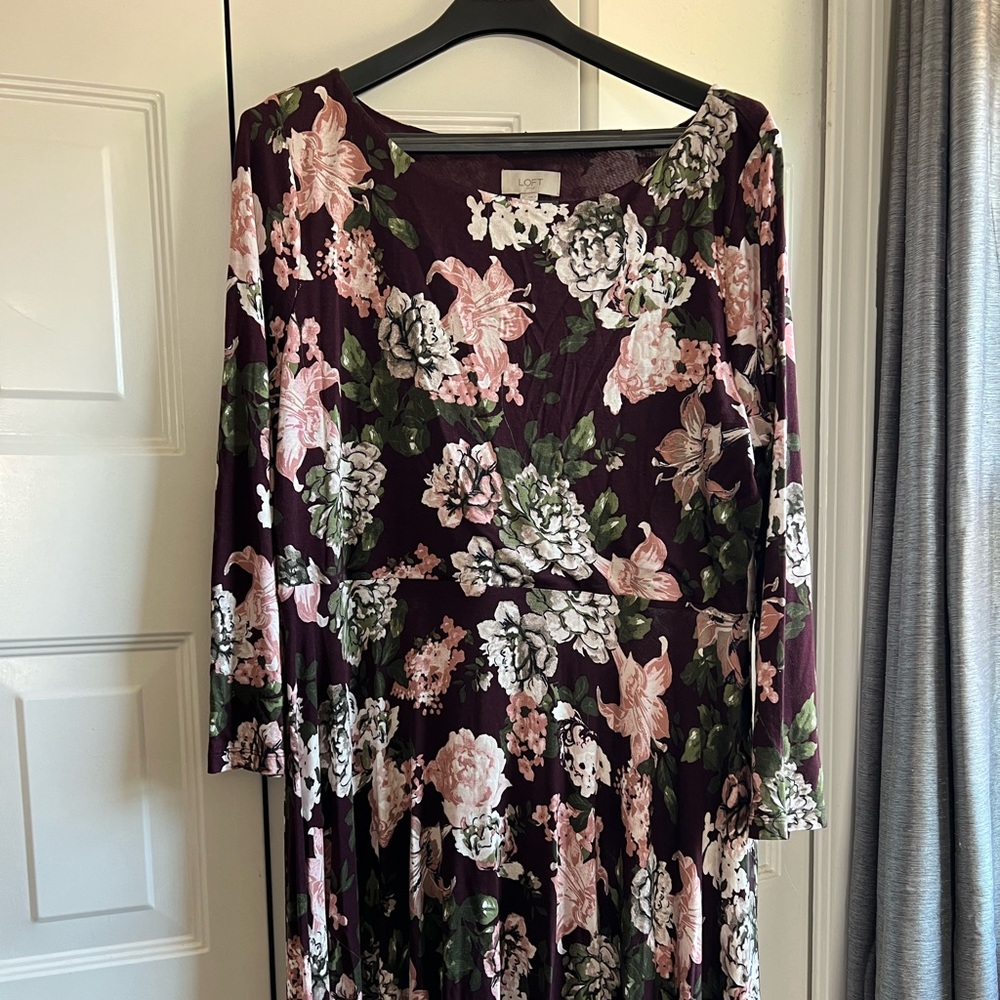 Loft Brand Purple Floral Long Sleeve Dress